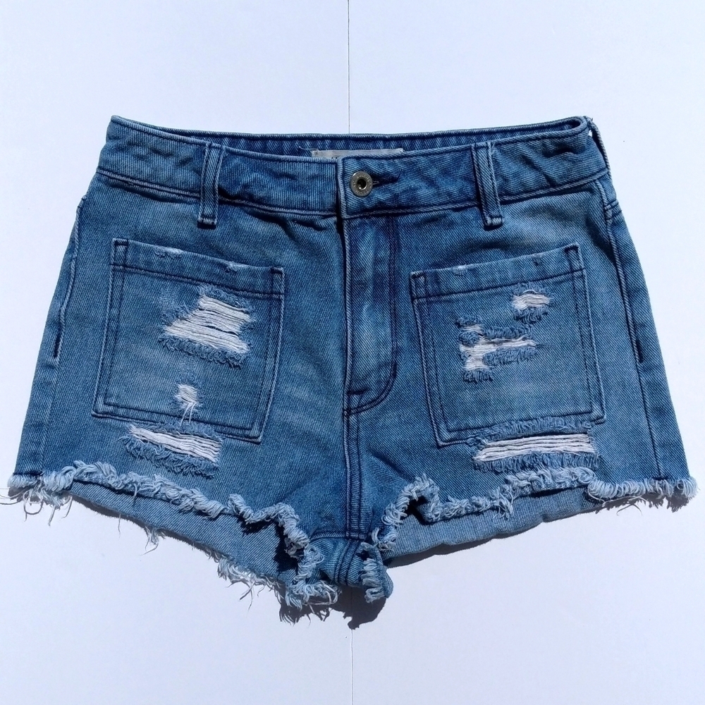 Bullhead Super High Rise Shorty Distressed Medium Wash Denim Jean Shorts Blue 3